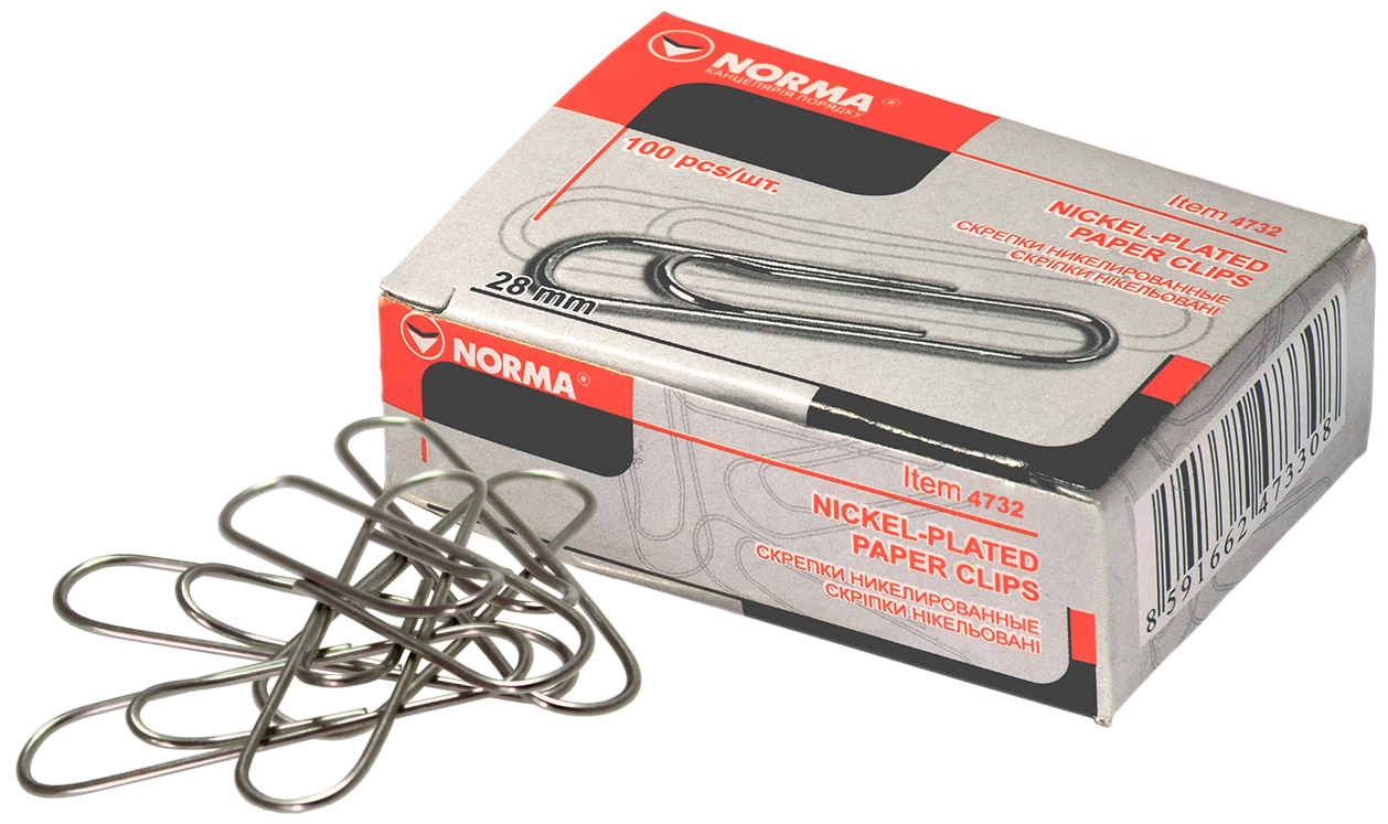 Скріпки NORMA (4732N), 28 мм, круглі, нікельовані, з загином, 100 шт.